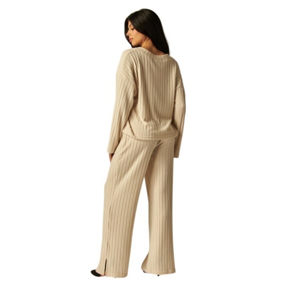 Ribbed Knit Lounge Set V-Neck Top Wide Leg Pants Casual Comfy Women's - Picture 4 of 4